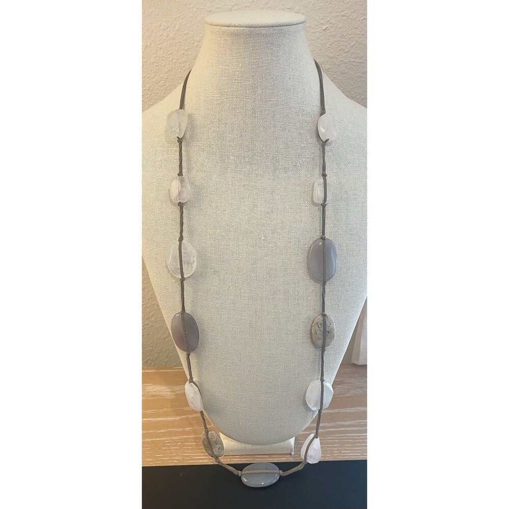 Quartz Natural Stone White Gray Brown Suede Leather Cord Long Station Necklace